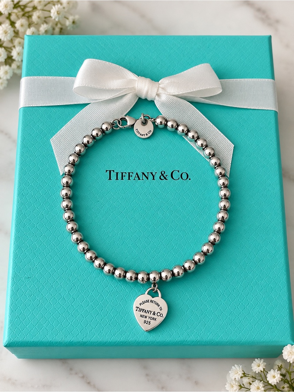 Authentic Tiffany & Co 4mm Bead Bracelet w/ Silver Heart Charm